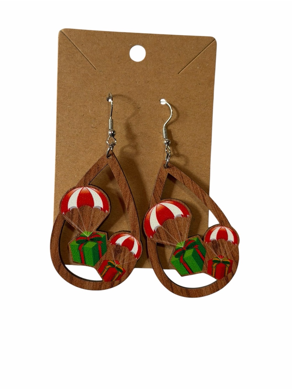Festive Teardrop Wooden Earrings with Red & Green Gift Design